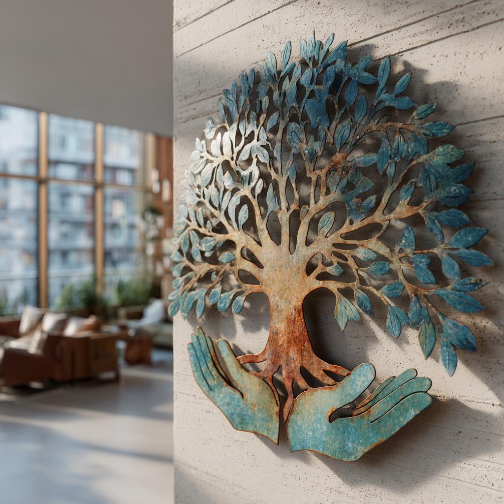 Tree of life metal wall art showing hands holding a flourishing tree in teal and copper tones on aluminum
