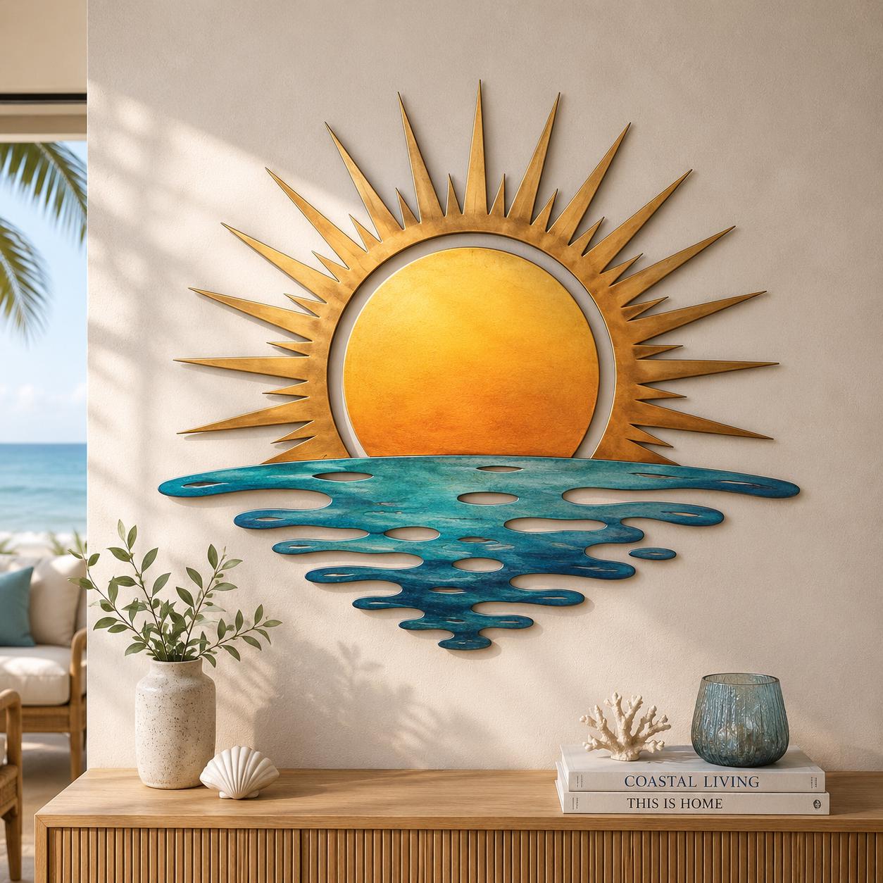 Sunrise ocean metal wall art with warm light and flowing wave designs printed on aluminum for coastal decor