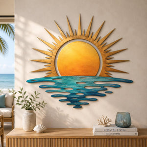 Sunrise ocean metal wall art with warm light and flowing wave designs printed on aluminum for coastal decor