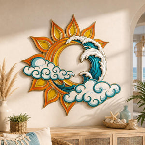 Sun and ocean metal wall art set with four coastal sunrise and sunset designs printed on aluminum