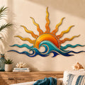 Sun and wave metal wall art with ocean sunrise design in warm coastal colors printed on aluminum