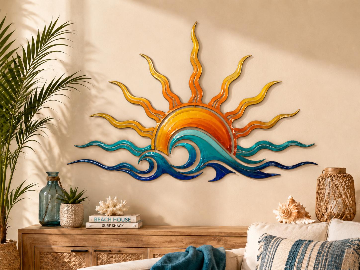 Sun and wave metal wall art with ocean sunrise design in warm coastal colors printed on aluminum