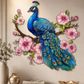 Colorful peacock metal wall art with floral details and vibrant plumage printed on aluminum for luxury home decor