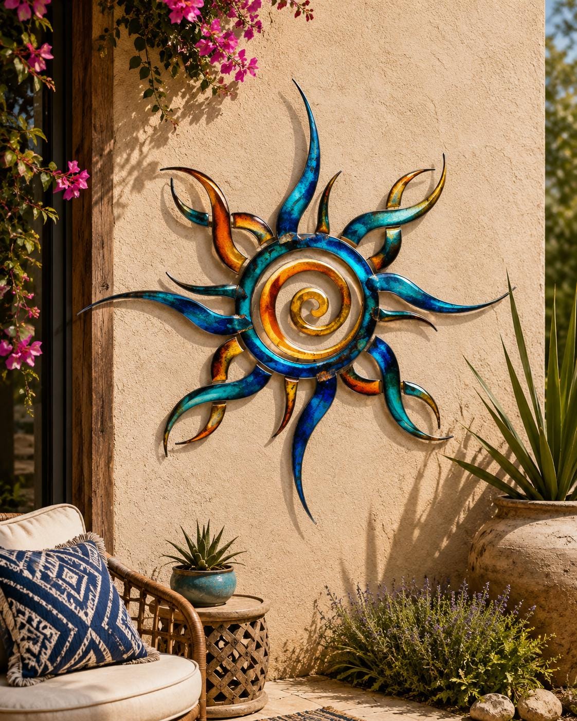 Coastal sun metal wall art in teal and gold tones with flowing rays printed on aluminum for beach house decor