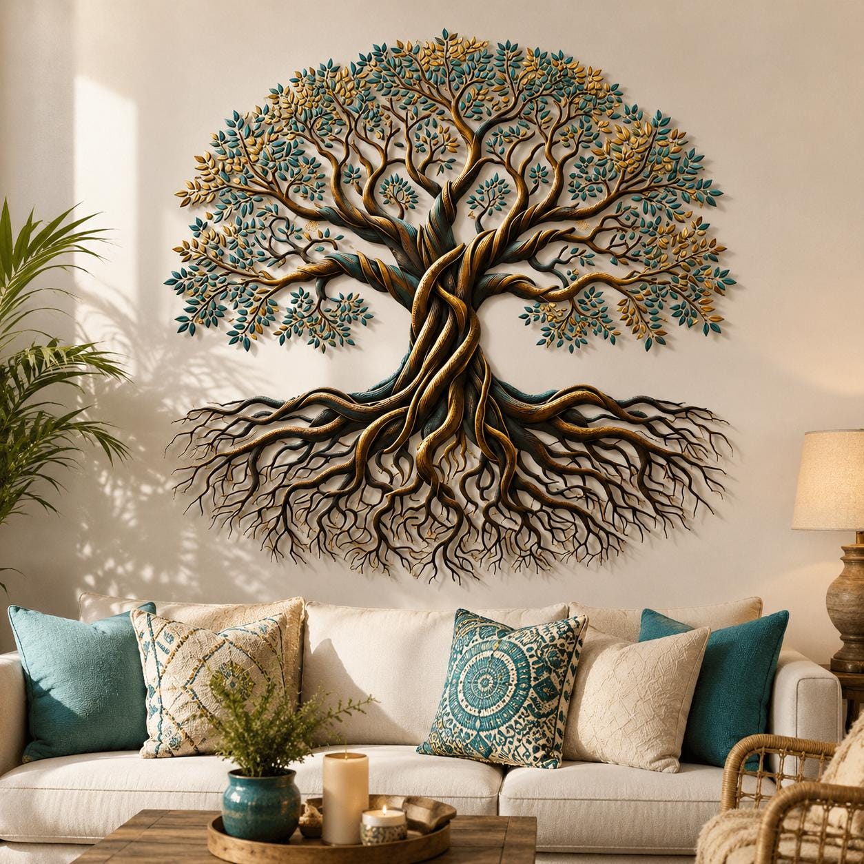 Tree of life metal wall art with golden sun and intricate branch details printed on aluminum for boho home decor