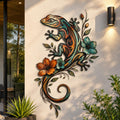 Tribal gecko metal wall art with sun-inspired patterns in vibrant colors printed on aluminum for outdoor decor