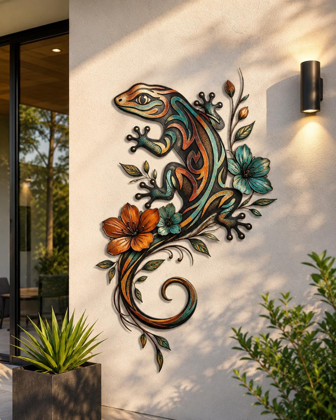 Tribal gecko metal wall art with sun-inspired patterns in vibrant colors printed on aluminum for outdoor decor