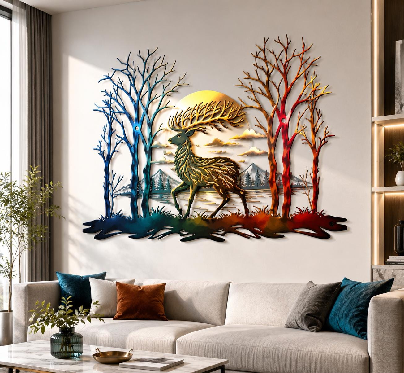 Double stag deer metal wall art with mountain and forest scene printed on aluminum for rustic lodge decor