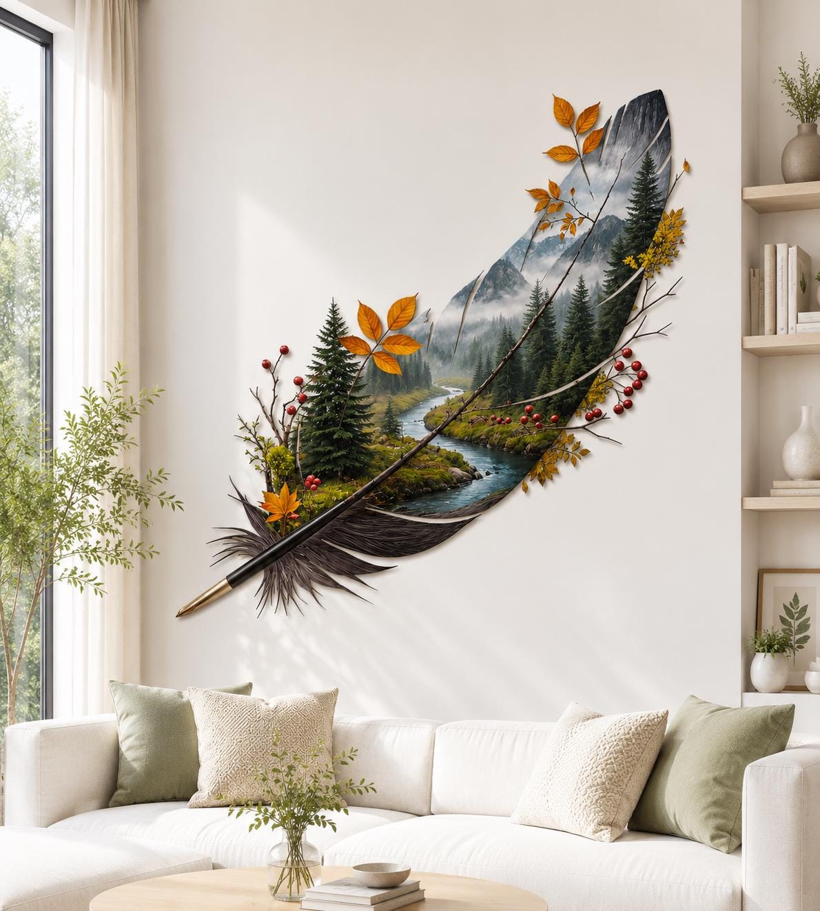 Feather-shaped metal wall art with a serene nature landscape scene printed on aluminum for indoor home decor