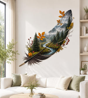 Feather-shaped metal wall art with a serene nature landscape scene printed on aluminum for indoor home decor