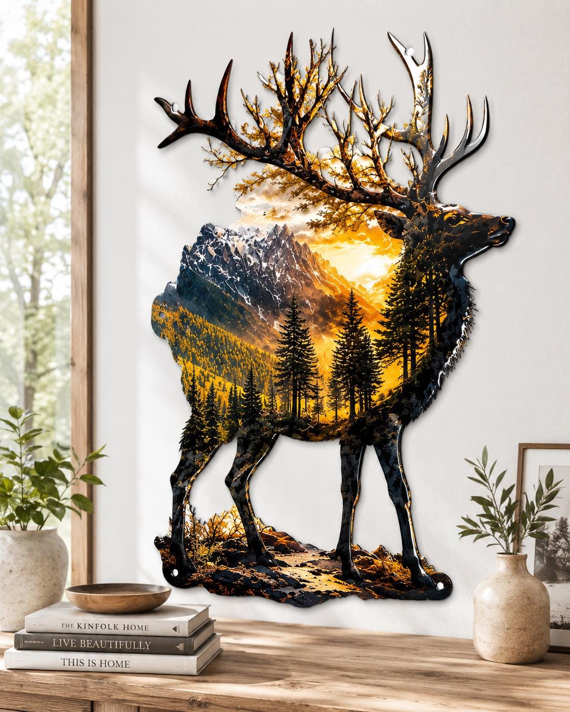 Forest deer metal wall art showing a majestic stag against a mountain and forest backdrop on aluminum