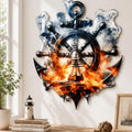 Large metal anchor and steering wheel wall art with detailed nautical design printed on aluminum for home decor