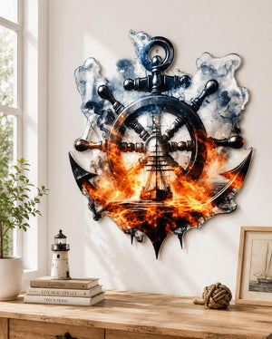 Large metal anchor and steering wheel wall art with detailed nautical design printed on aluminum for home decor