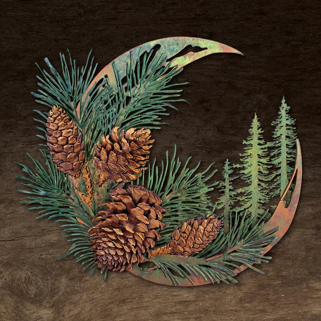 Moon Pine Tree Metal Wall Art Woodland Cabin Decor Outdoor Wall Sign UV printed on aluminum