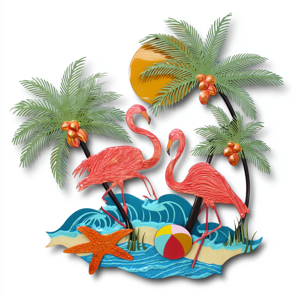 Flamingo Palm Tree Metal Wall Art – Tropical Coastal Wall Decor for Beach House Patio