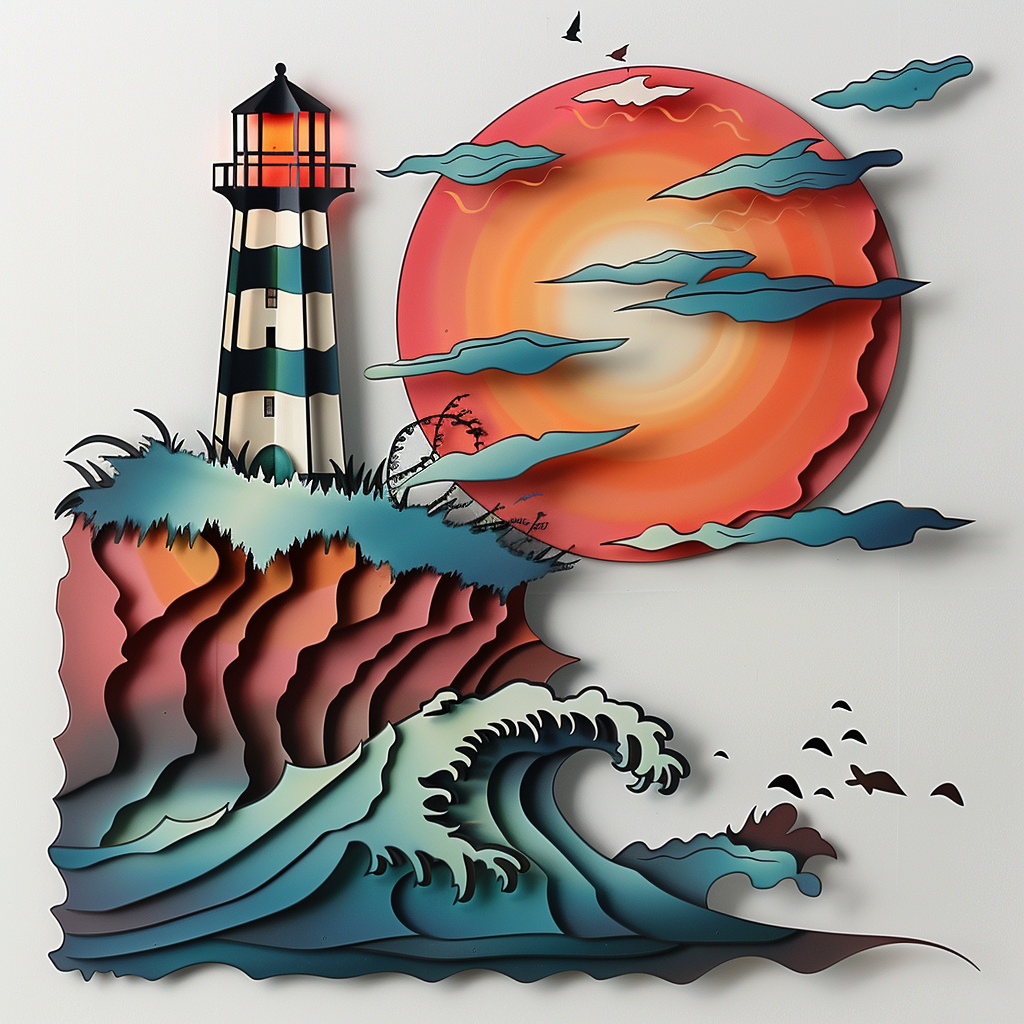 Colorful Lighthouse Coastal Metal Wall Art Ocean Sunset Beach House Wall Decor Nautical Seascape Outdoor Patio Decor