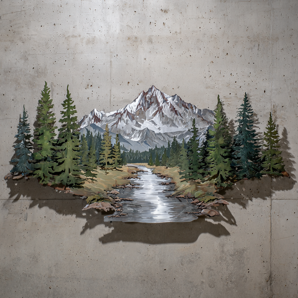Mountain Forest River Metal Wall Art, Rustic Cabin Nature Decor for Patio