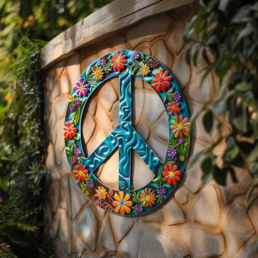 Floral Hippie Sign Metal Wall Art, Retro Boho Decor for Patio & Garden