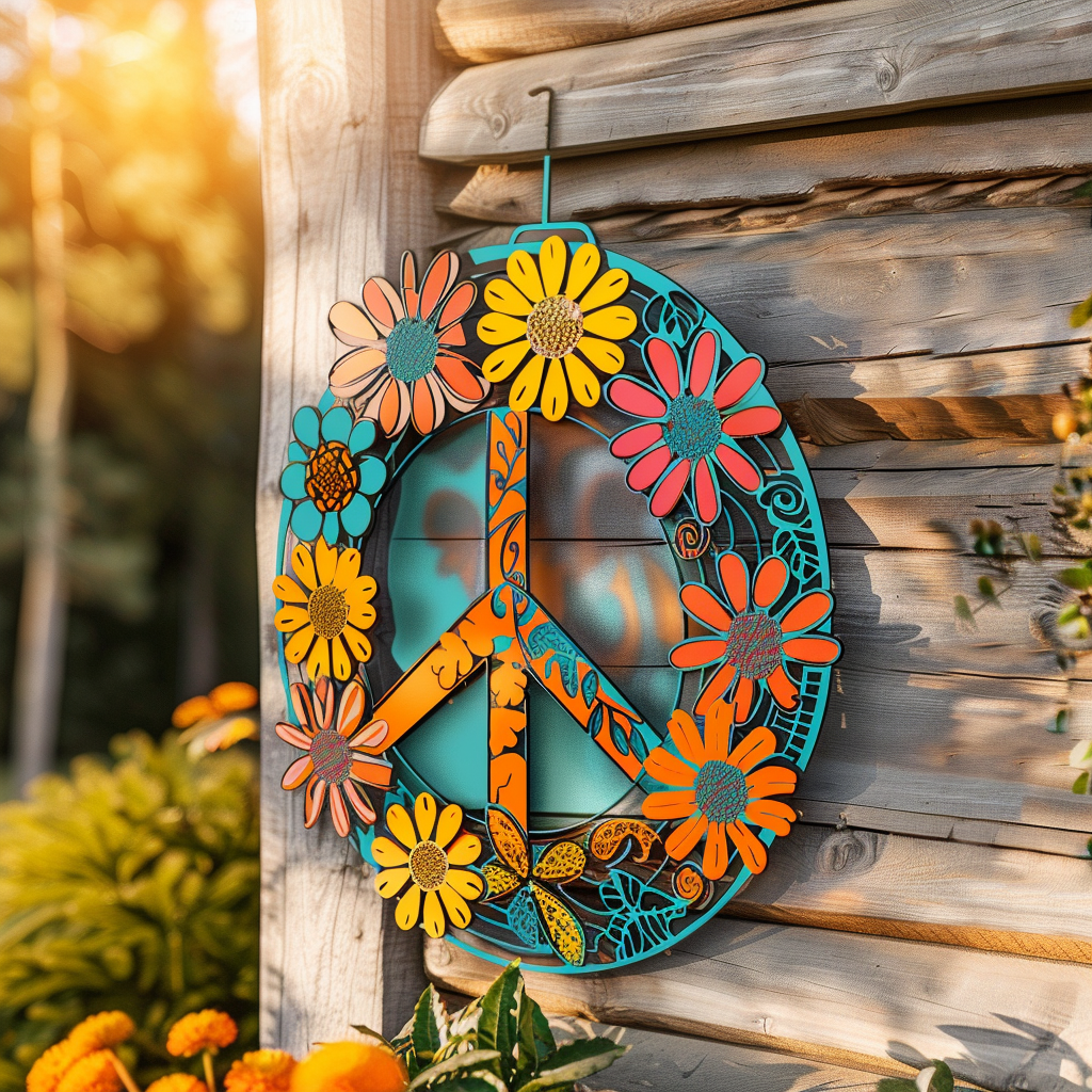 Floral Hippie Sign Metal Wall Art, Retro Boho Decor for Patio & Garden