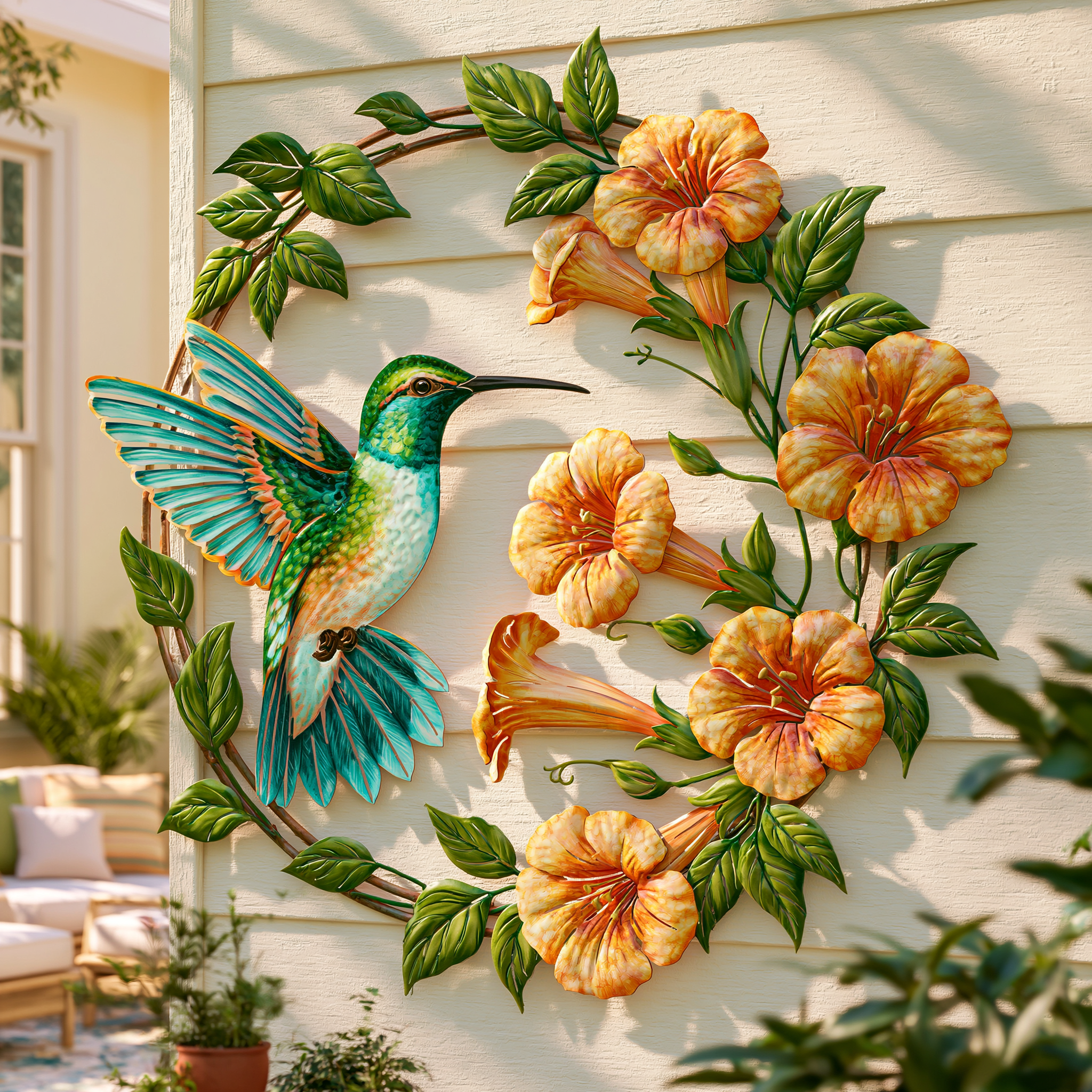 Hummingbird Flower Metal Wall Art, Colorful Outdoor Garden Decor, Patio Fence Wall Sign, Nature Bird Lover Gift