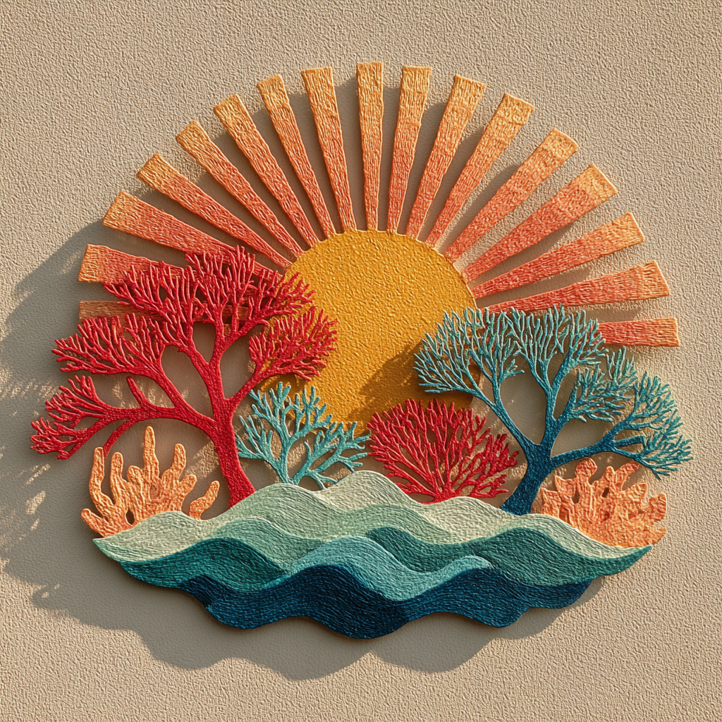 Colorful Coral Sunburst Metal Wall Art Coastal Beach House Garden Decor