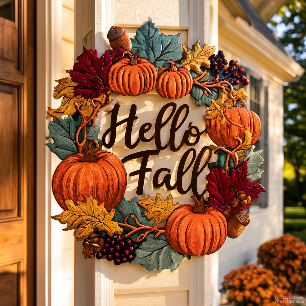 Hello Fall Pumpkin Metal Sign, Autumn Leaves, Rustic Home Decor