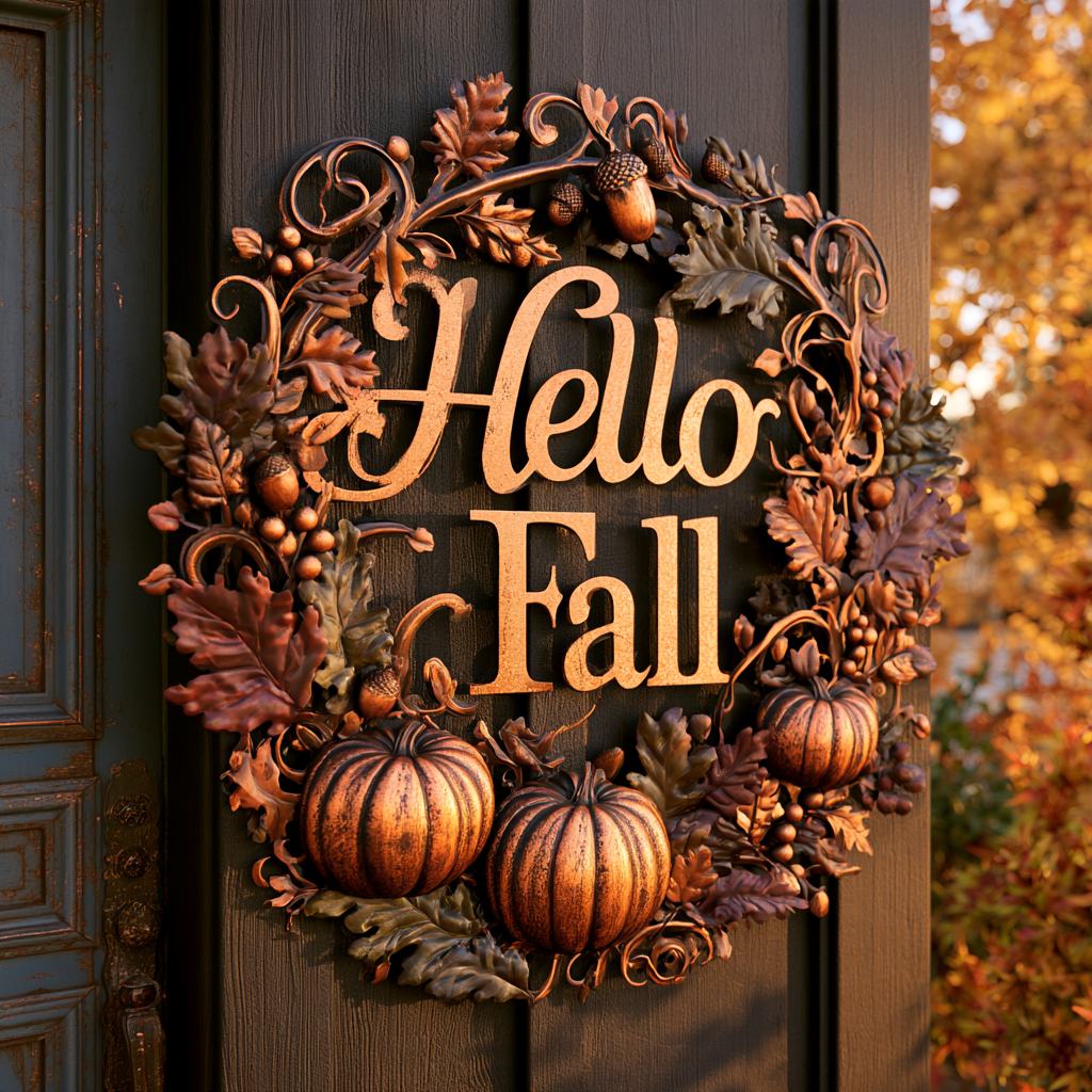 Hello Fall Pumpkin Metal Sign, Autumn Leaves, Rustic Home Decor
