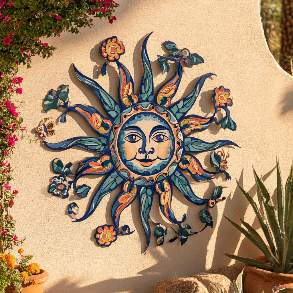 Mexican Sun Face Metal Wall Art Botanical Talavera Decor Floral Sun Wall Hanging Garden Patio