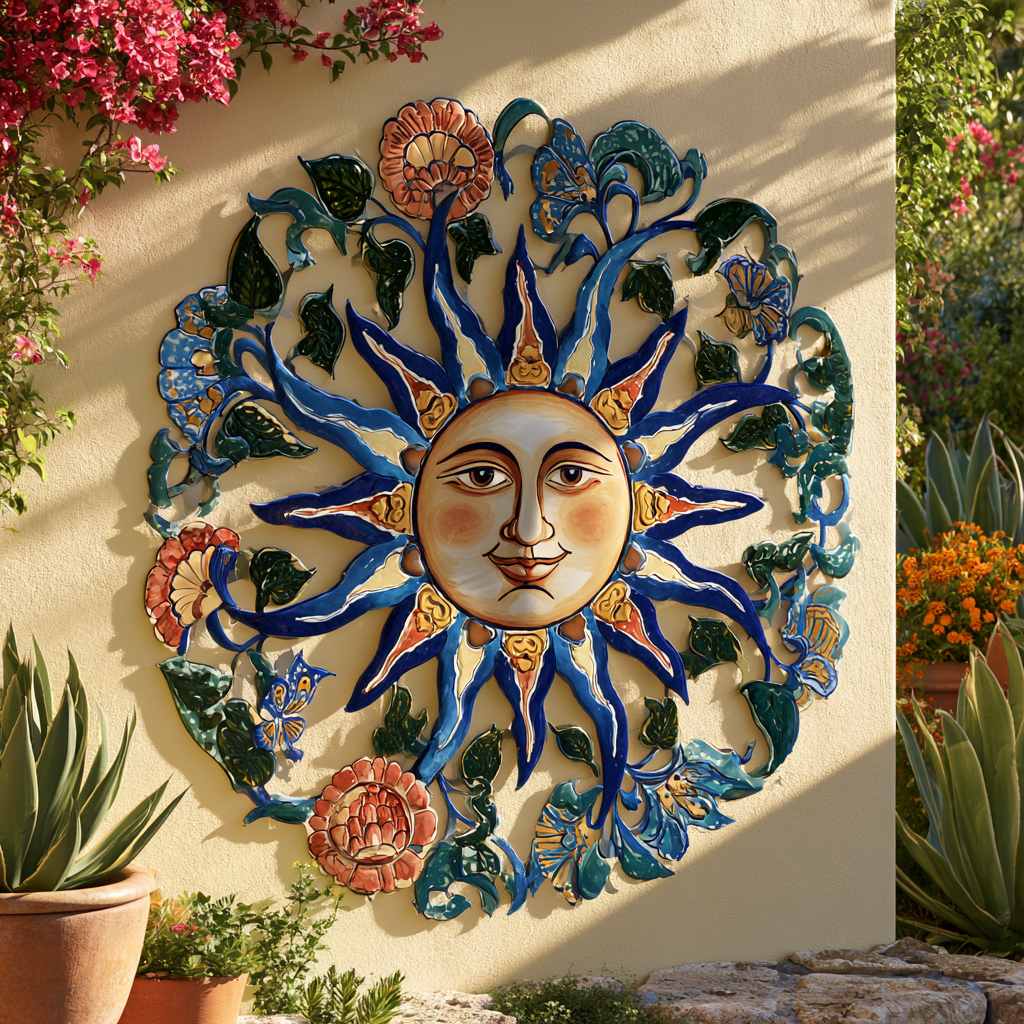 Mexican Sun Face Metal Wall Art Botanical Talavera Decor Floral Sun Wall Hanging Garden Patio