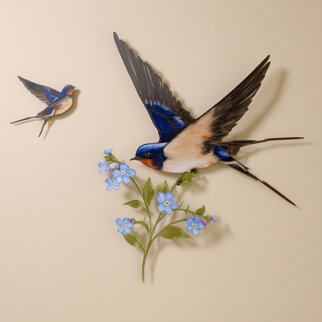 Swallow Bird Metal Wall Art – Blue Bird Forget Me Not Flower Sign Cottagecore
