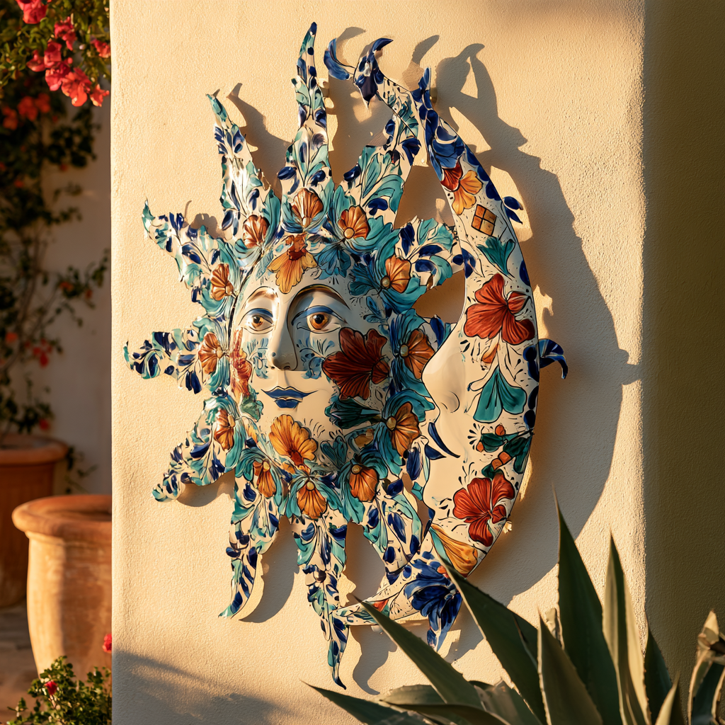 Mexican Talavera Sun and Moon Metal Wall Art