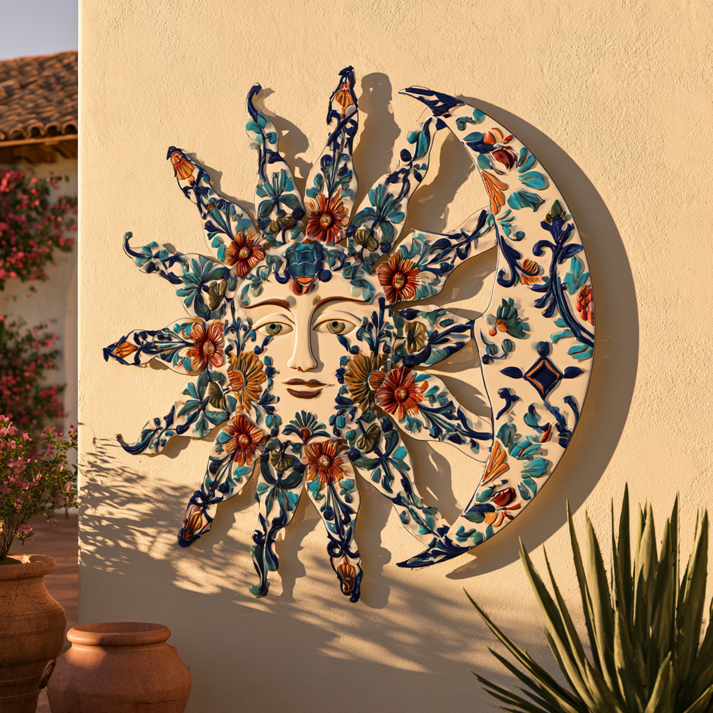 Mexican Talavera Sun and Moon Metal Wall Art