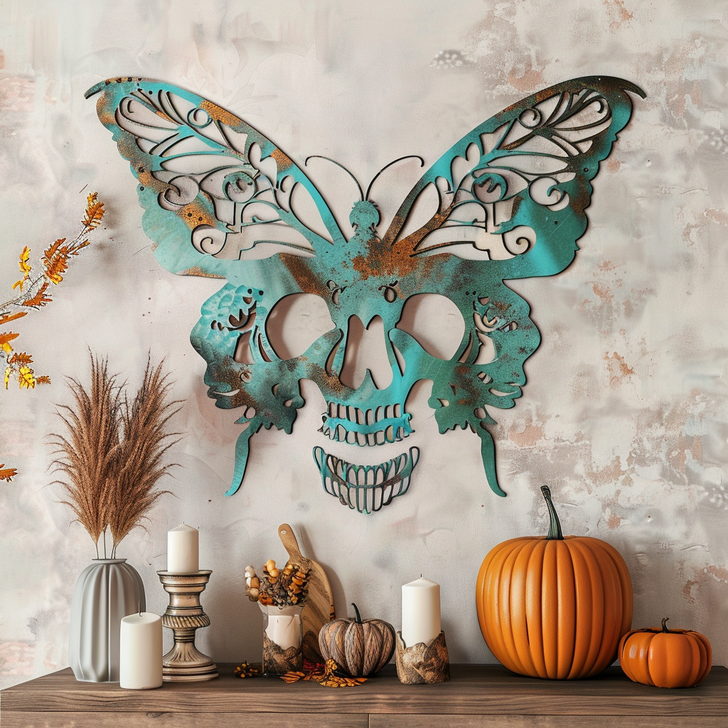 Halloween Skull Butterfly Metal Wall Art