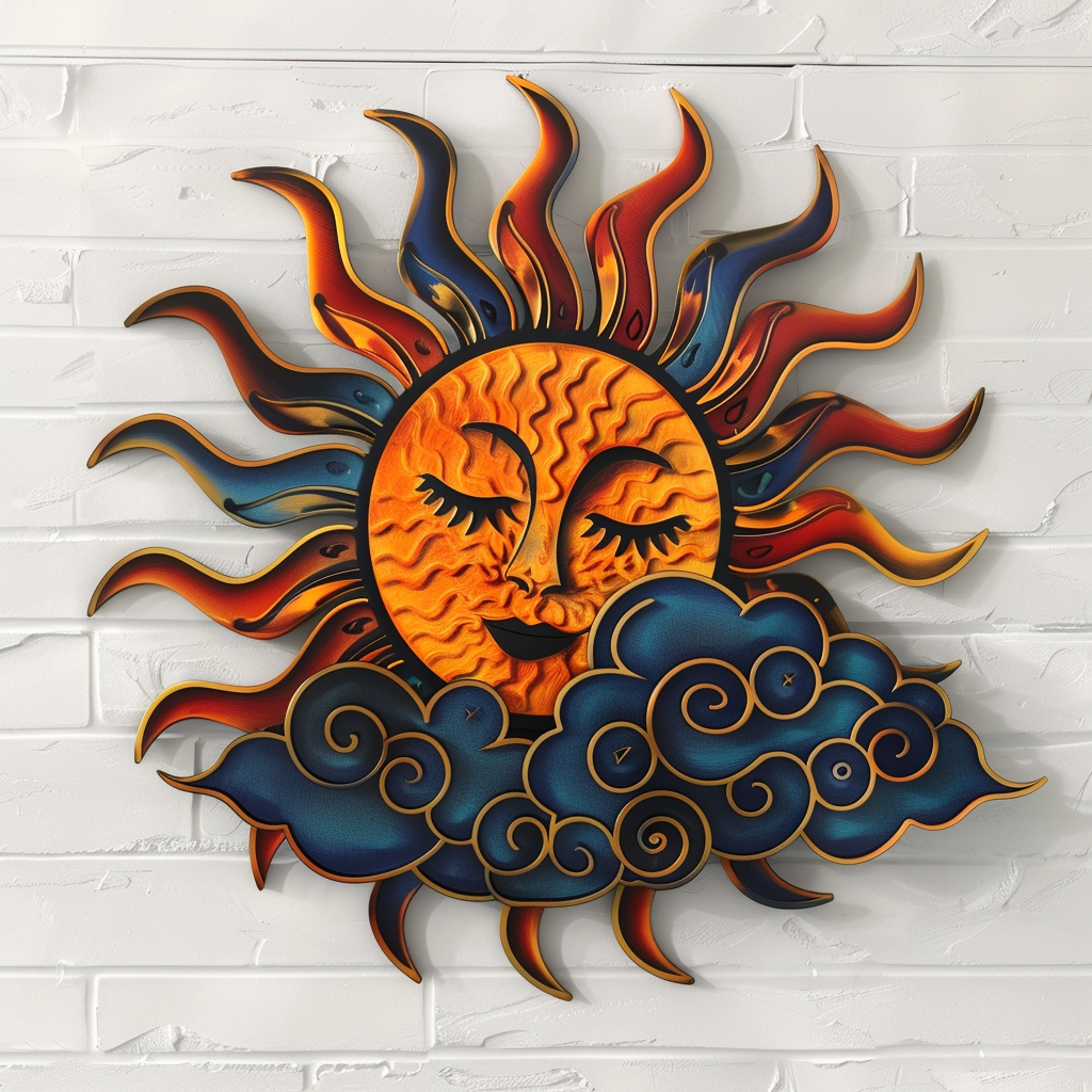 Colorful Sunburst and Cloud Metal Wall Art, Celestial Sky Decor for Patio