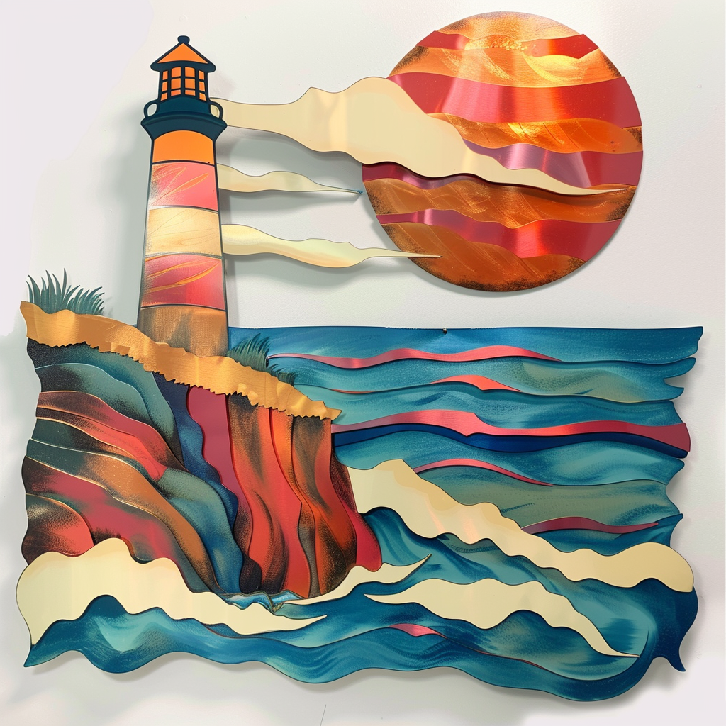 Colorful Lighthouse Coastal Metal Wall Art Ocean Sunset Beach House Wall Decor Nautical Seascape Outdoor Patio Decor