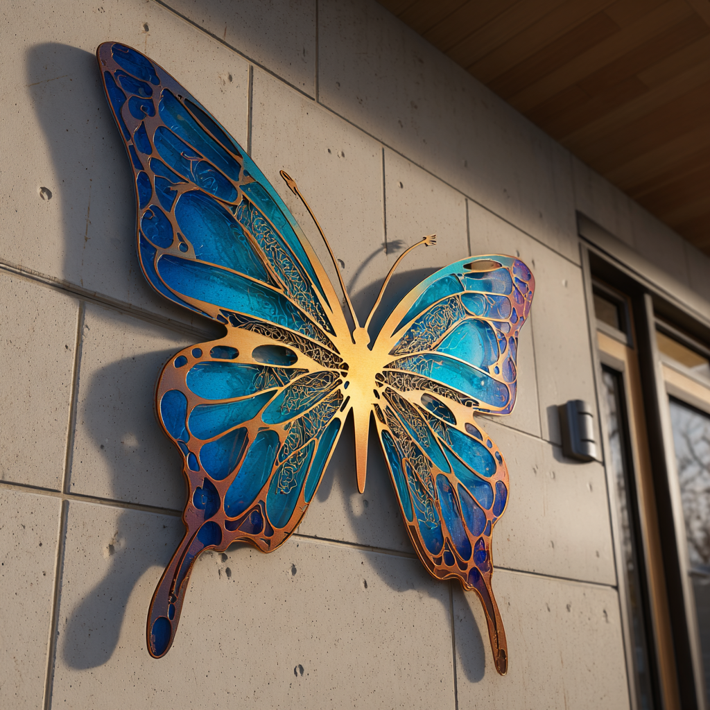 Blue Butterfly Flower Metal Wall Art – Vintage Floral Garden Decor Sign