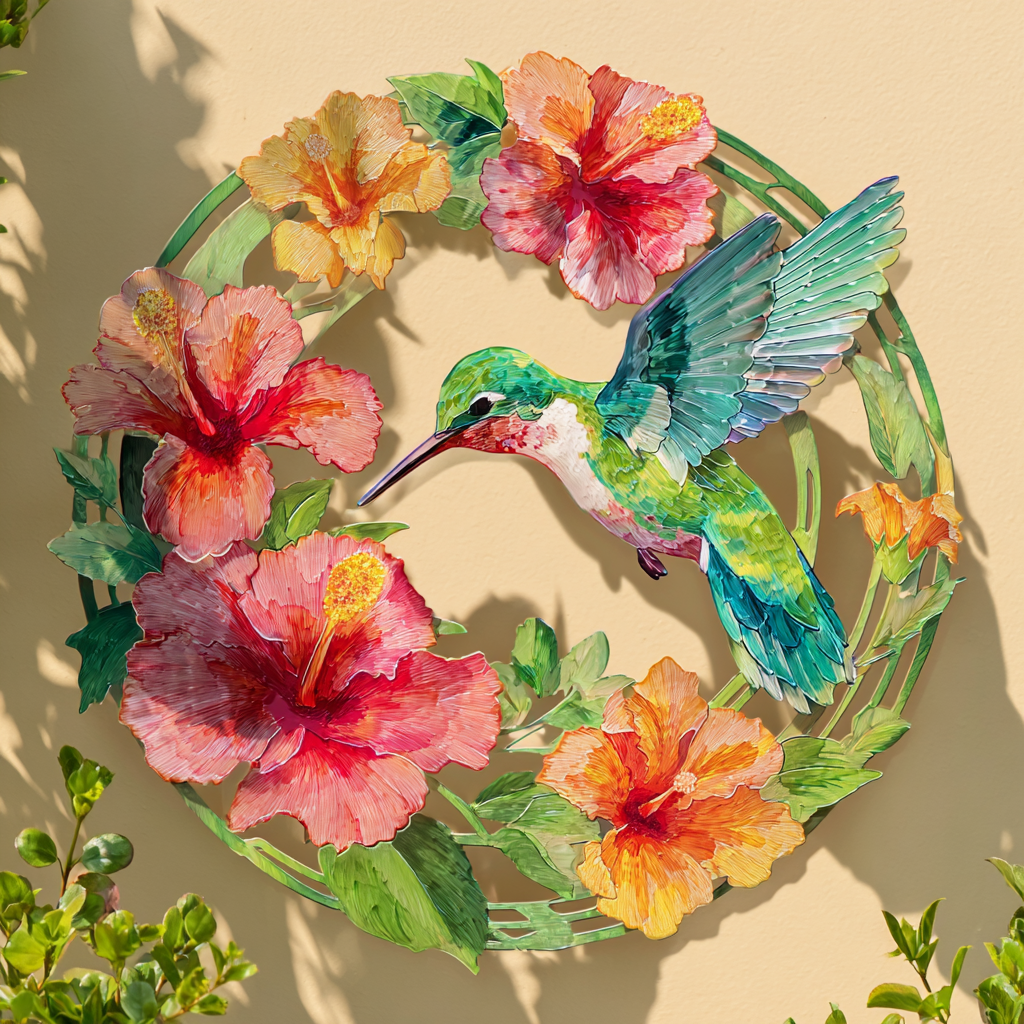 Hummingbird Flower Metal Wall Art, Colorful Outdoor Garden Decor, Patio Fence Wall Sign, Nature Bird Lover Gift