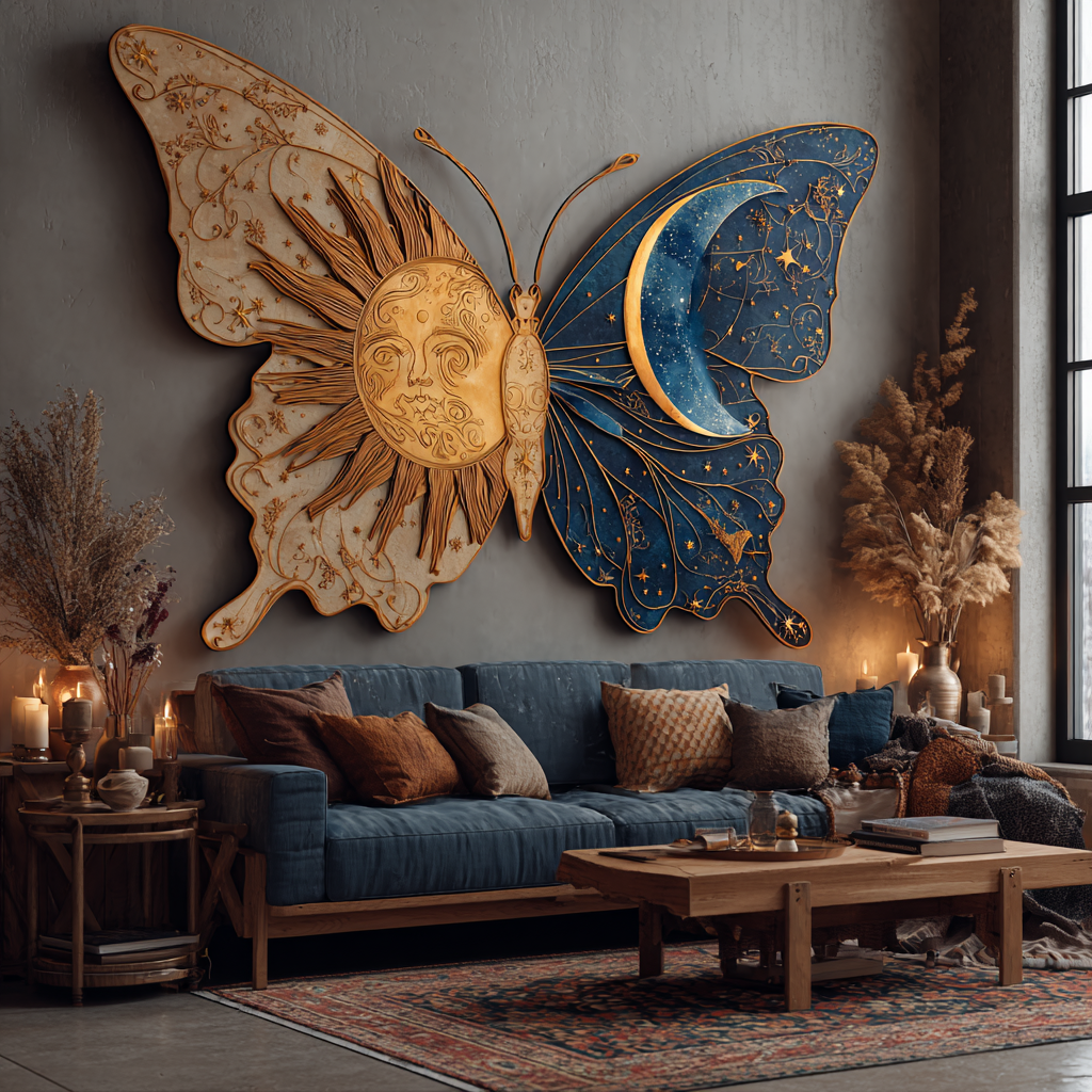 Colorful Butterfly Sun Moon Metal Wall Art, Celestial Boho Decor for Patio & Garden V2