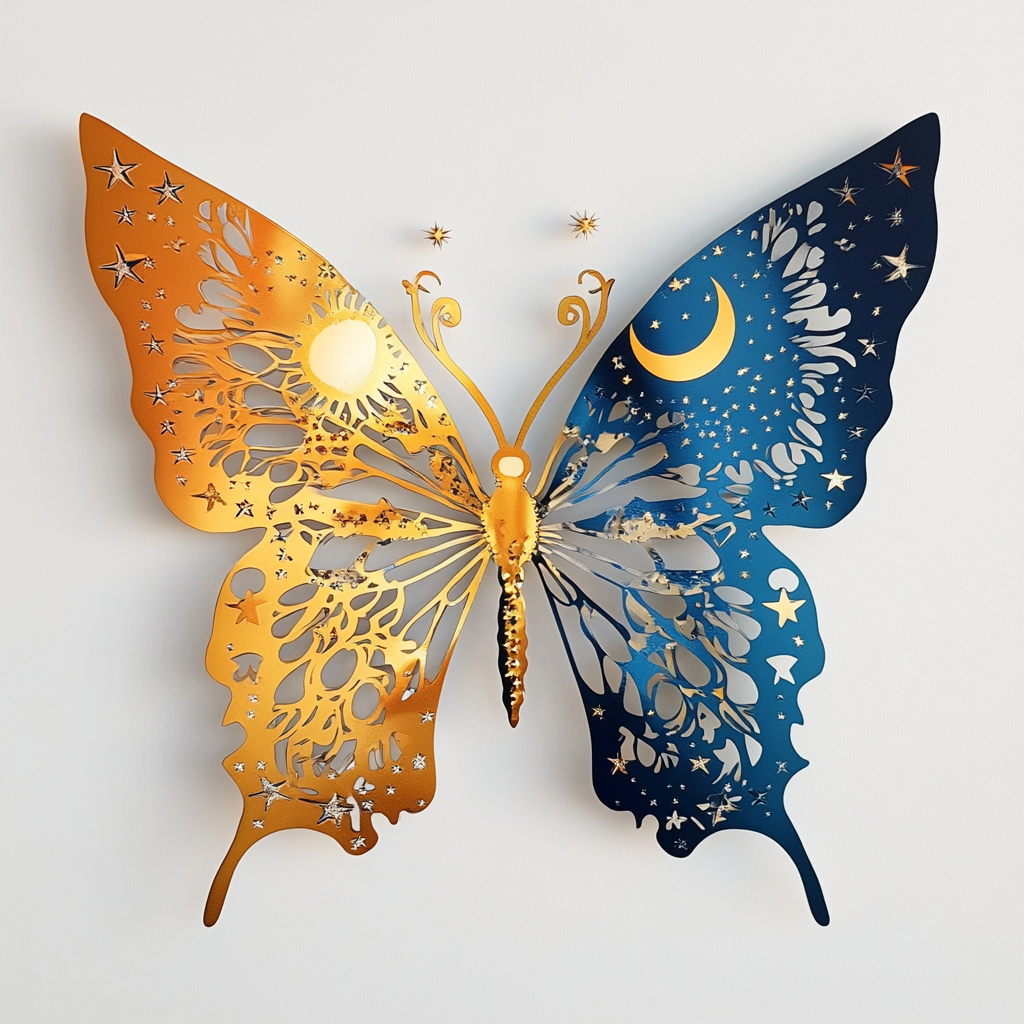 Colorful Butterfly Sun Moon Metal Wall Art, Celestial Boho Decor for Patio & Garden