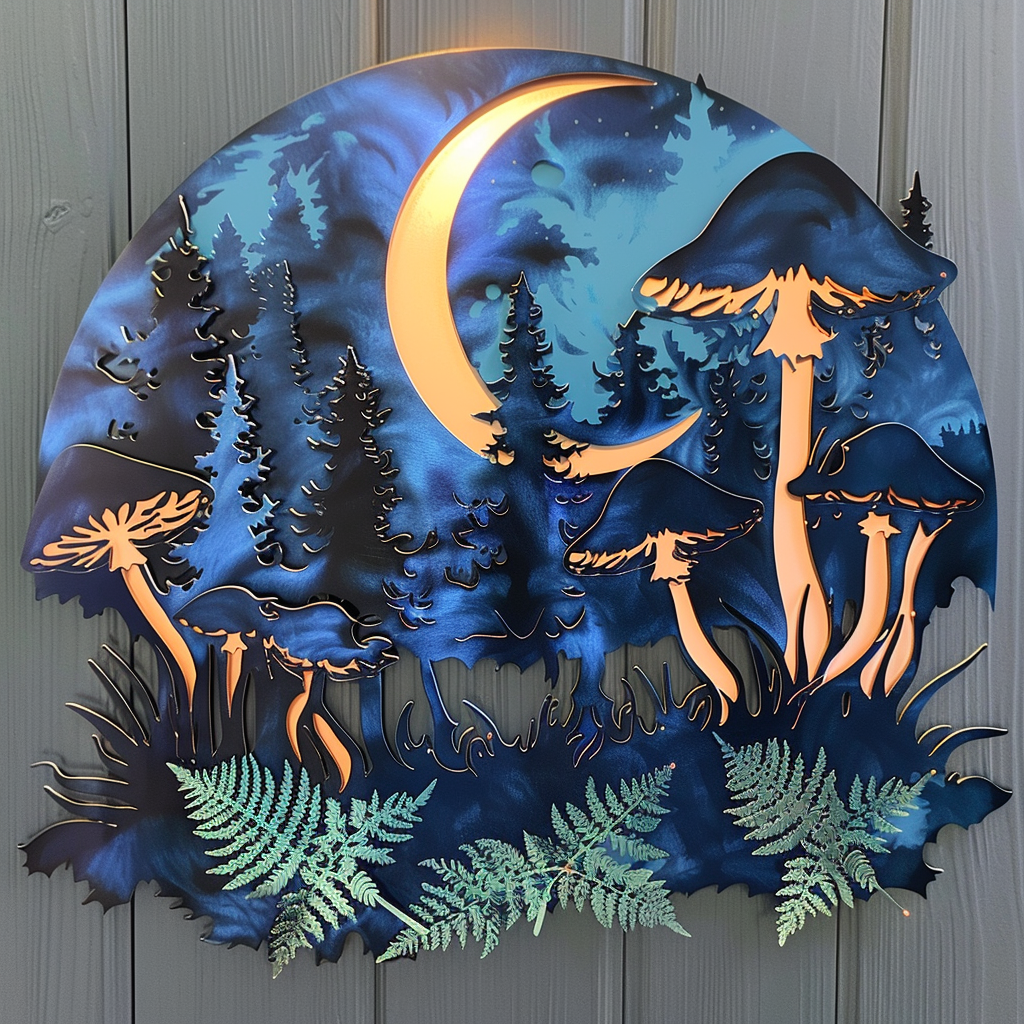 Moon Mushroom Mountain Metal Wall Art Cottagecore Forest Wall Decor