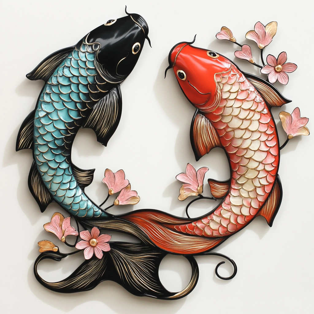 Colorful Koi Fish Metal Wall Art, Japanese Pond Decor for Patio & Garden