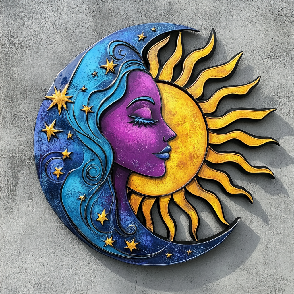 Sun Moon Celestial Metal Wall Art, Colorful Boho Decor for Patio & Garden