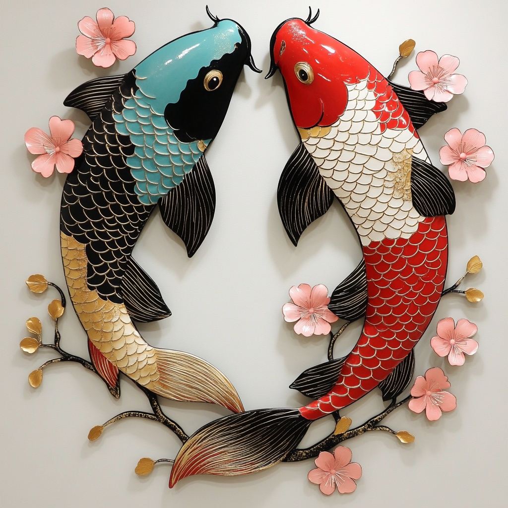 Colorful Koi Fish Metal Wall Art, Japanese Pond Decor for Patio & Garden