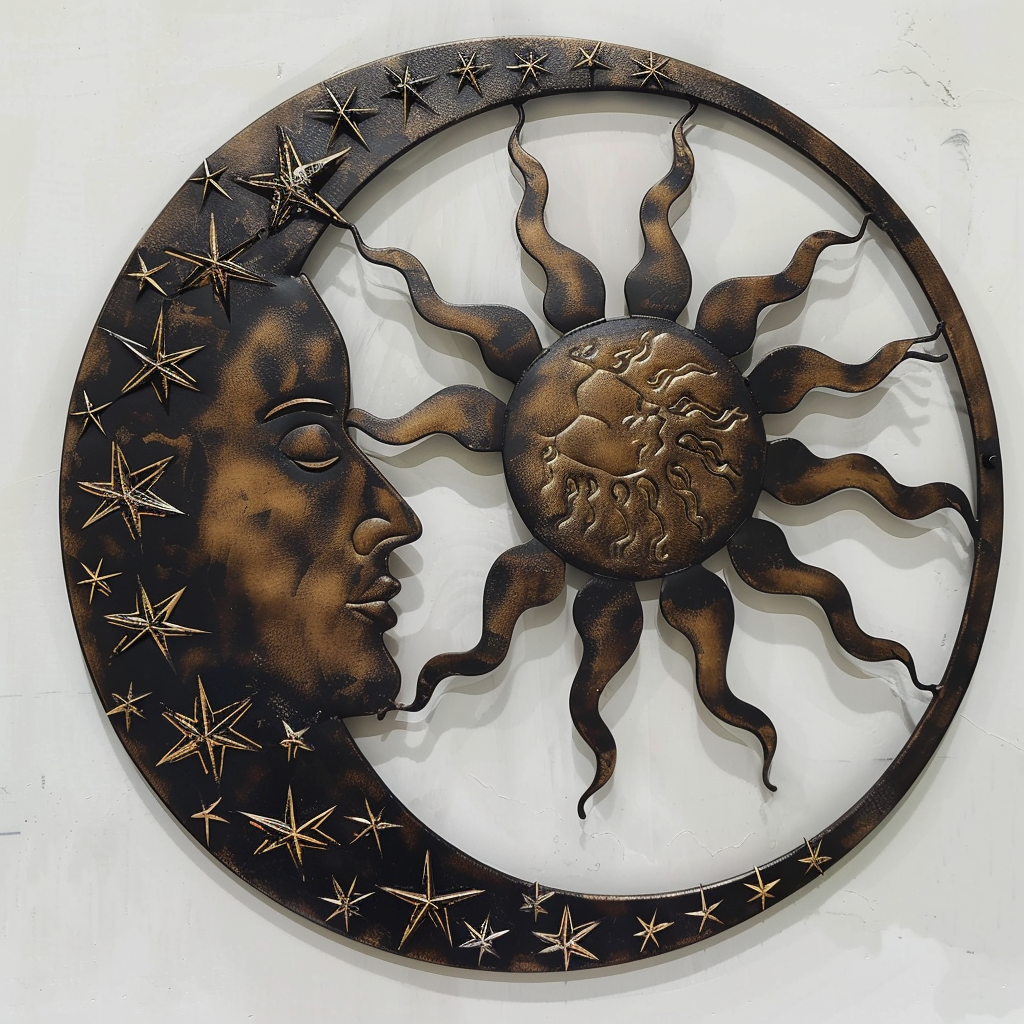 Vintage Celestial Sun Moon Metal Wall Art – Rustic Cosmic Garden Decor Sign