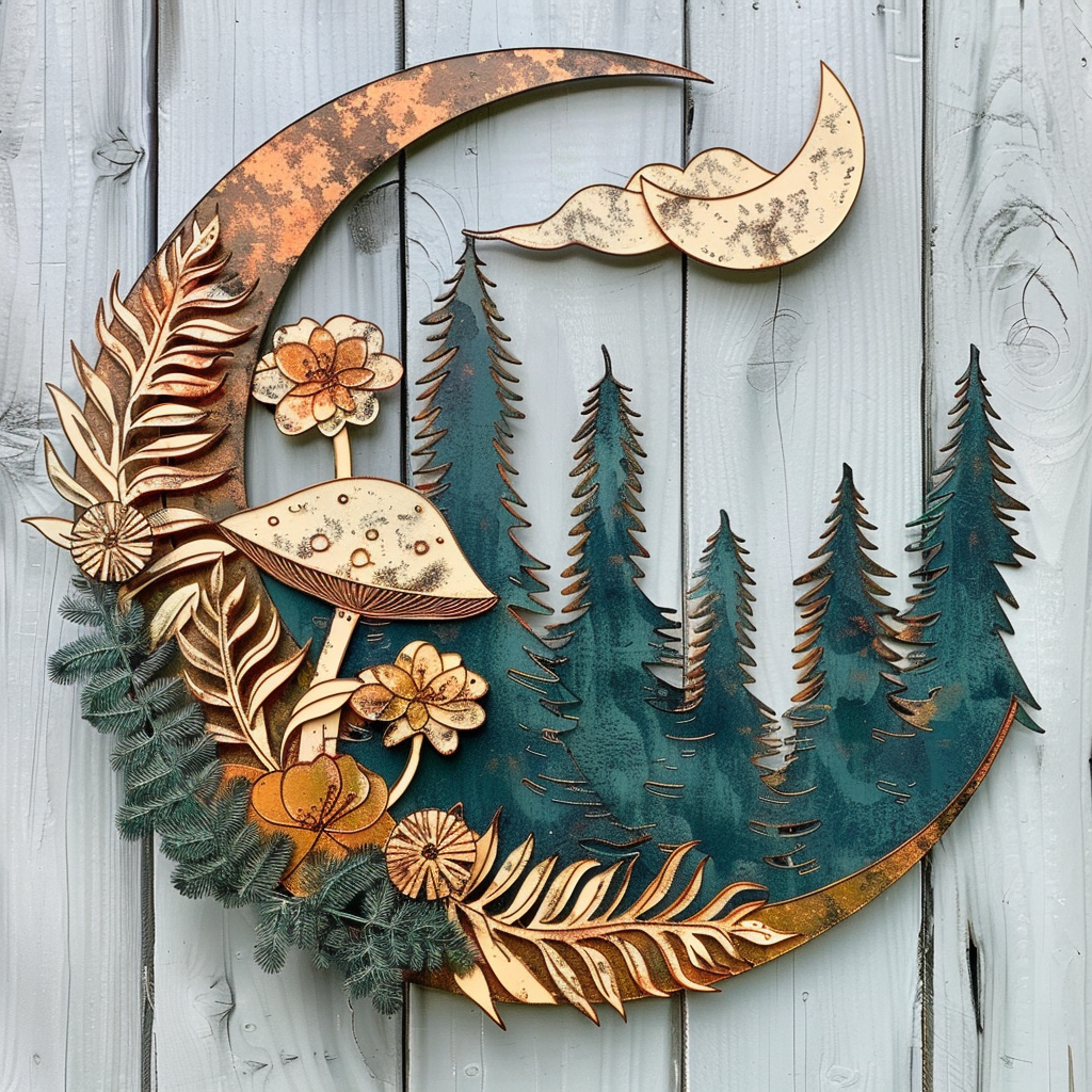 Moon Mushroom Mountain Metal Wall Art Cottagecore Forest Wall Decor