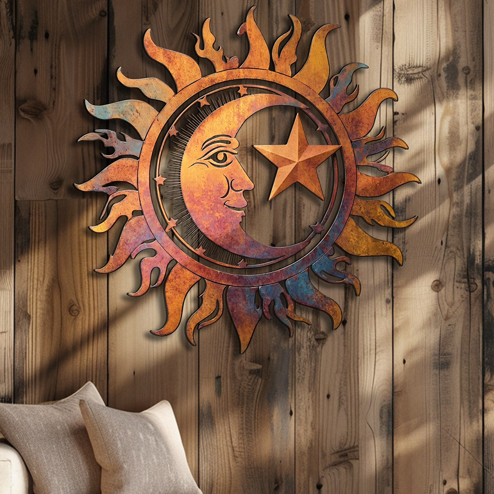 Rustic Sun Moon Star Metal Wall Art – UV Printed Decor Boho Indoor Outdoor
