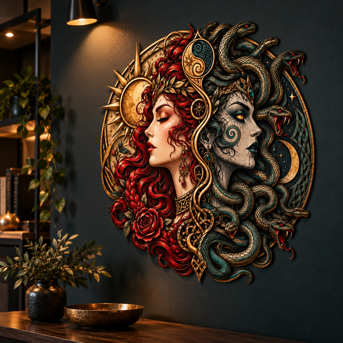 Medusa Sun And Moon Metal Sign, Greek Mythology Wall Art, Unique Home Decor