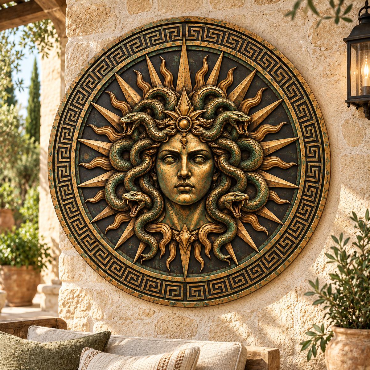 Vintage Medusa Gorgon Shield Metal Sign, Classic Greek Mythology Wall Art