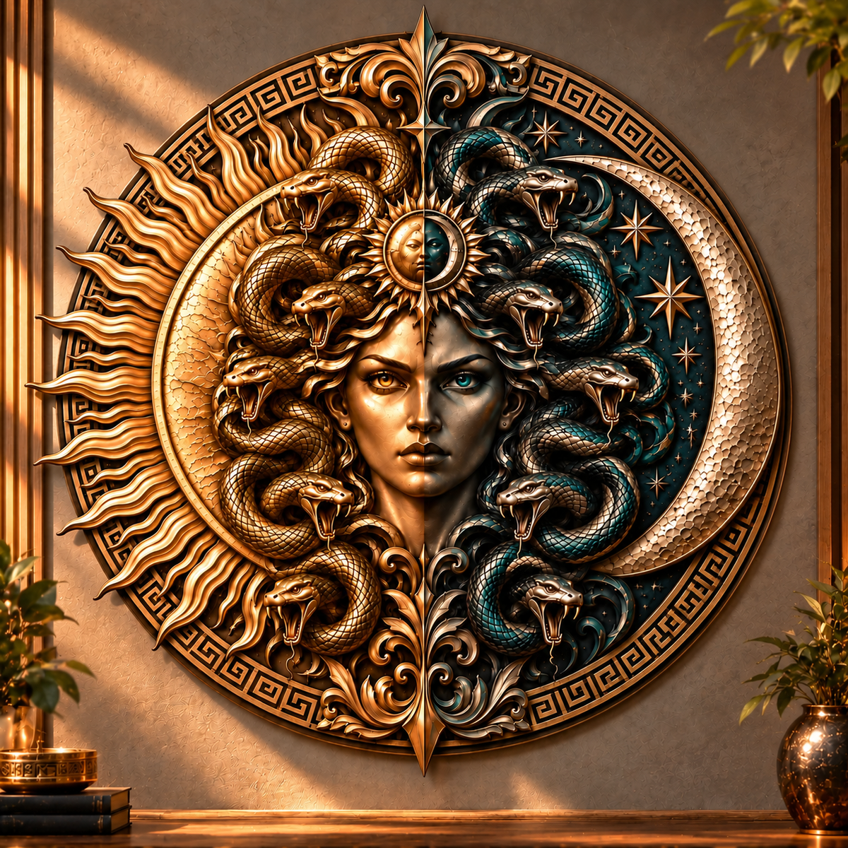 Medusa Solar Lunar Goddess Metal Sign, Mythological Wall Art