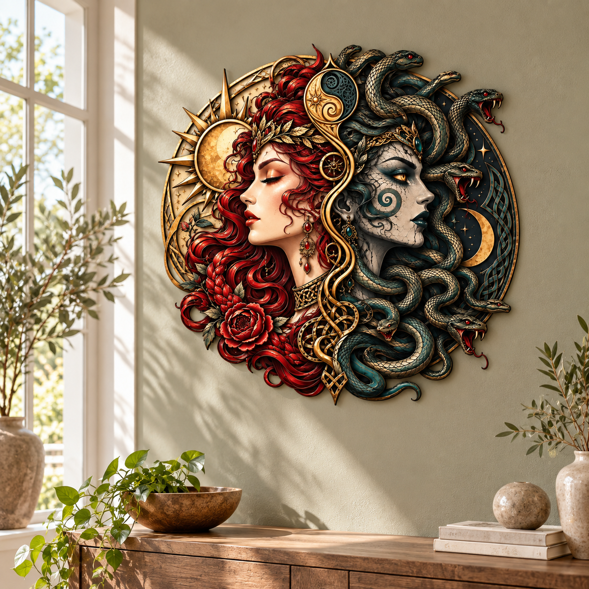 Medusa Sun And Moon Metal Sign, Greek Mythology Wall Art, Unique Home Decor
